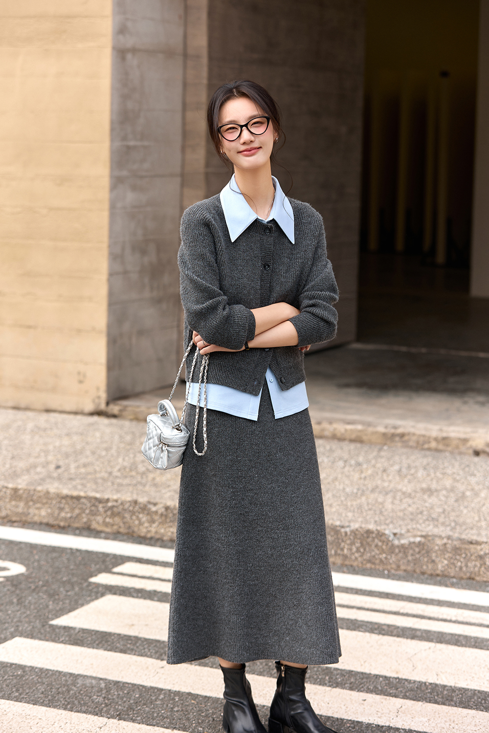 Flecked Gray Knit Cardigan Set