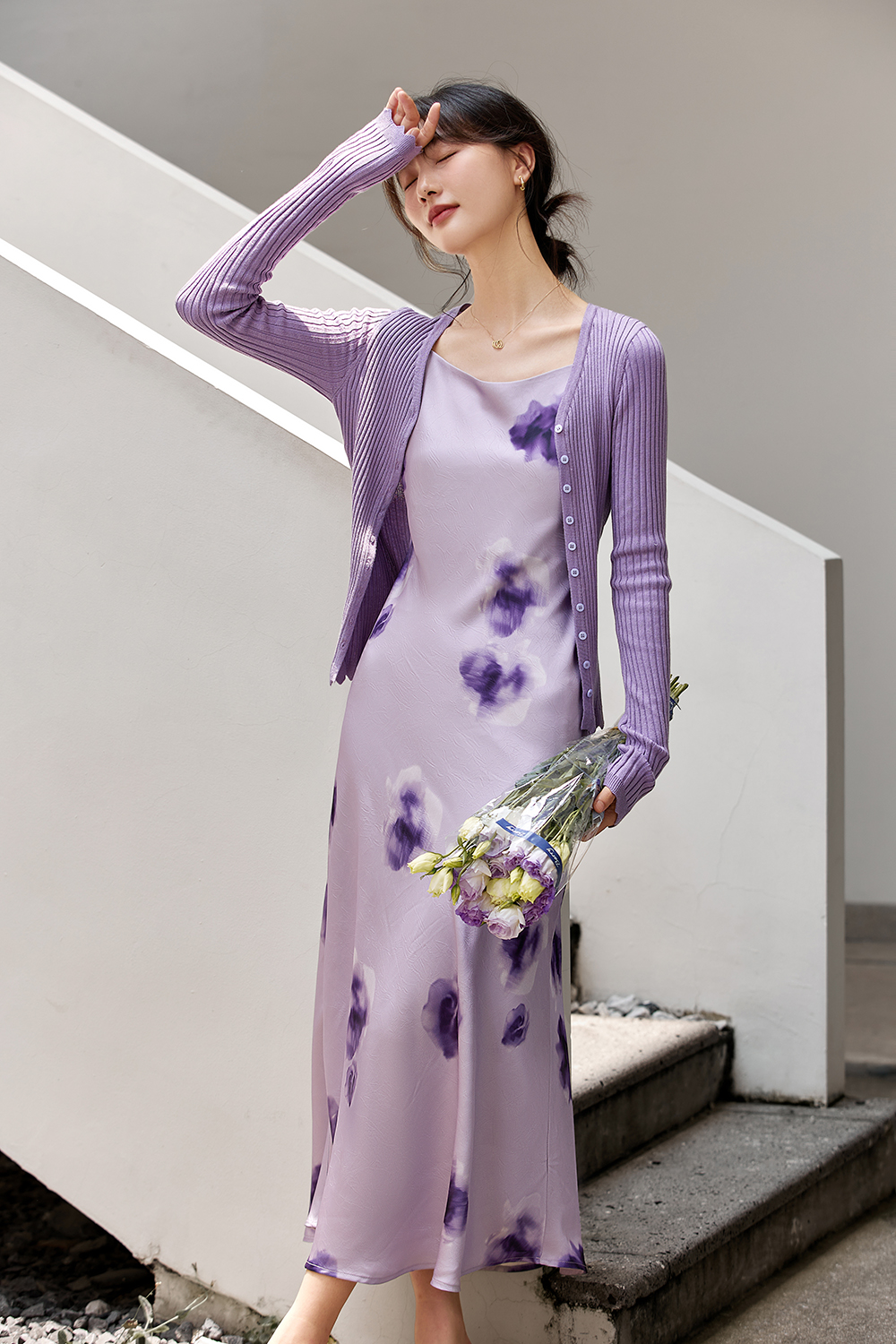 Purple slim knit cardigan printed skirt with suspenders-VIMLYSTORE