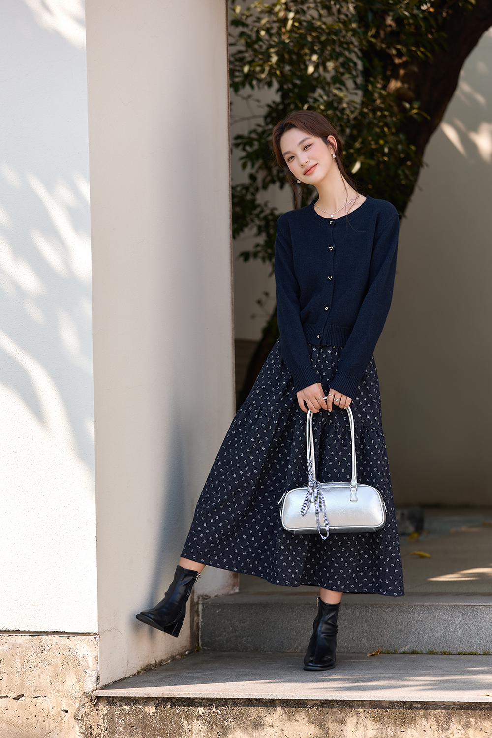 Navy blue cardigan floral dress set