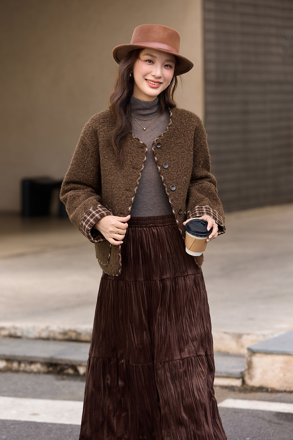 Color - block checkered woolen coat