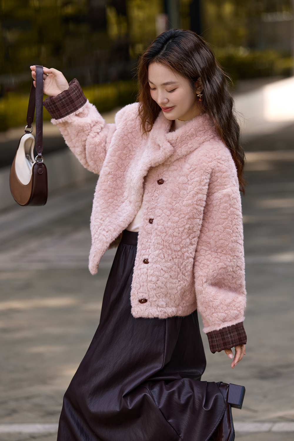 Pink fur - lined stand - collar plush coat