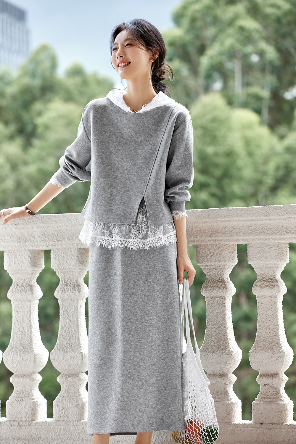 Grey casual lace hooded tops and skirts-VIMLYSTORE