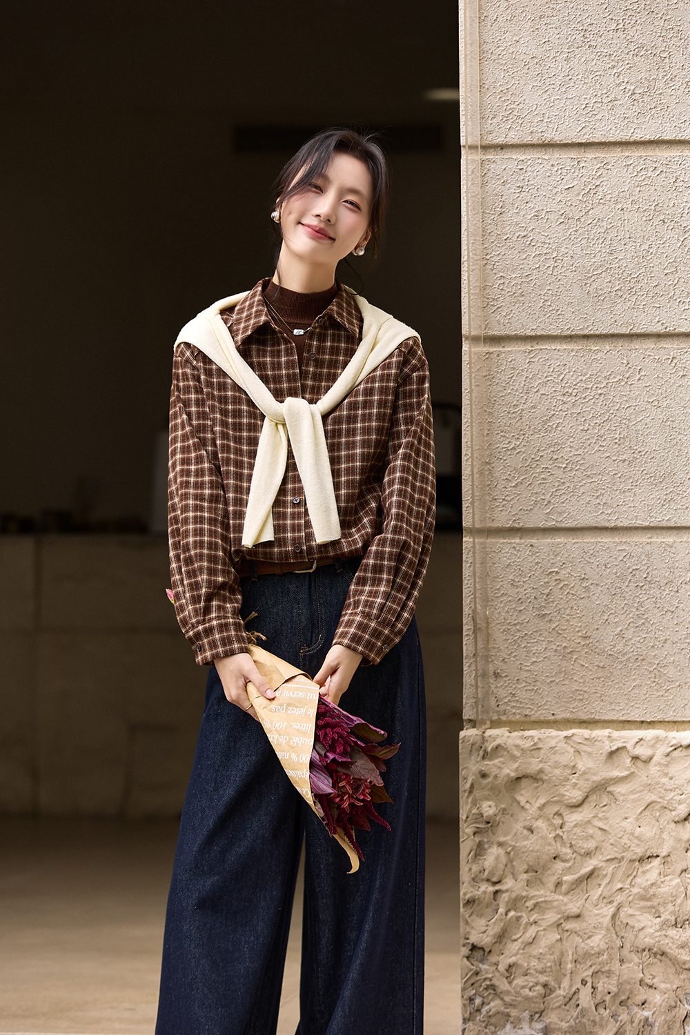 Brown Lapel Checkered Shirt