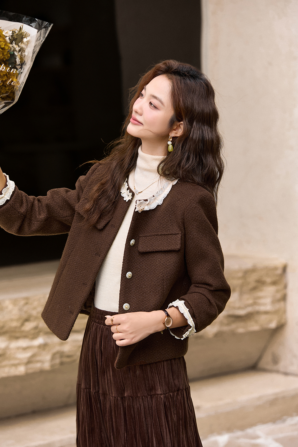 Coffee Color Patchwork Lace Coat