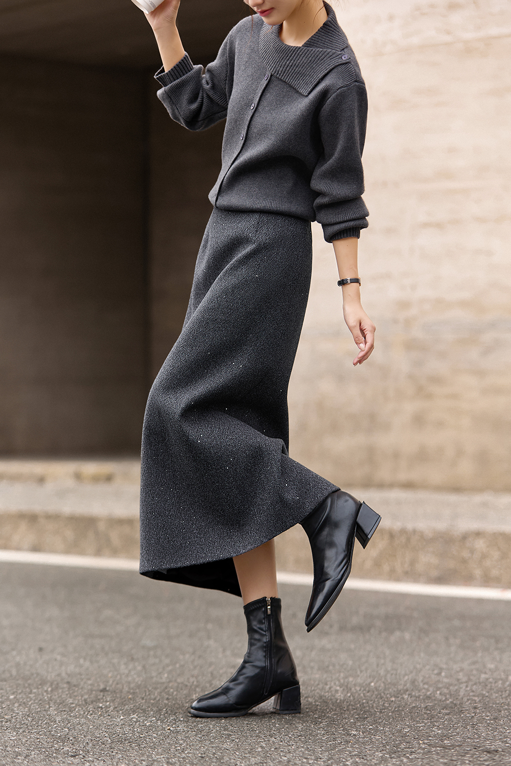 Gray Shimmer Midi Skirt