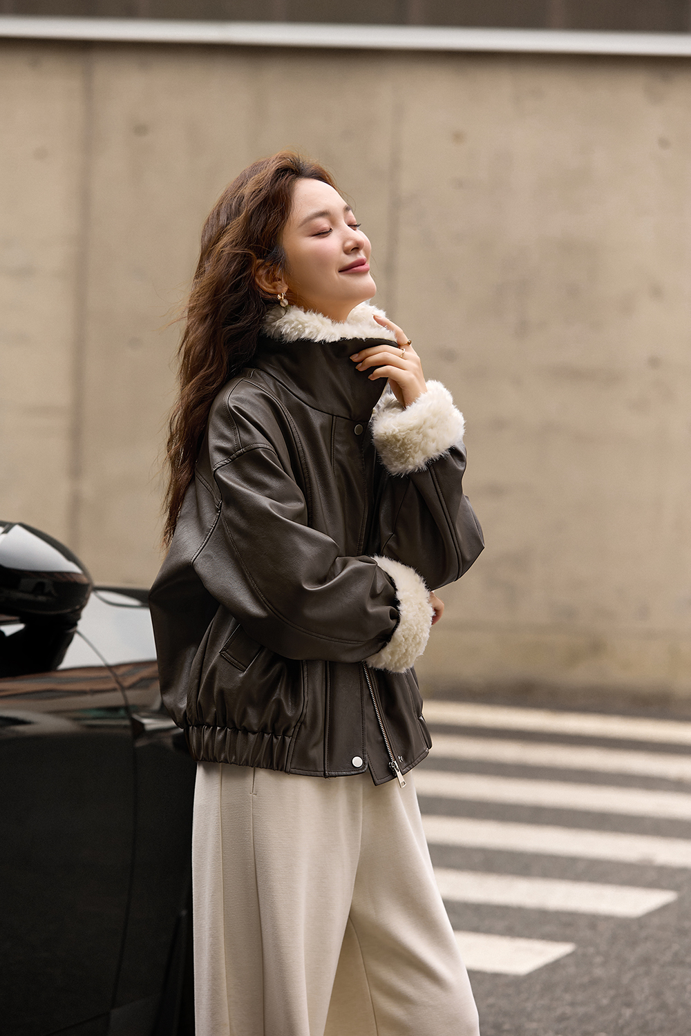 Coffee Color Fur Collar Leather Jacket