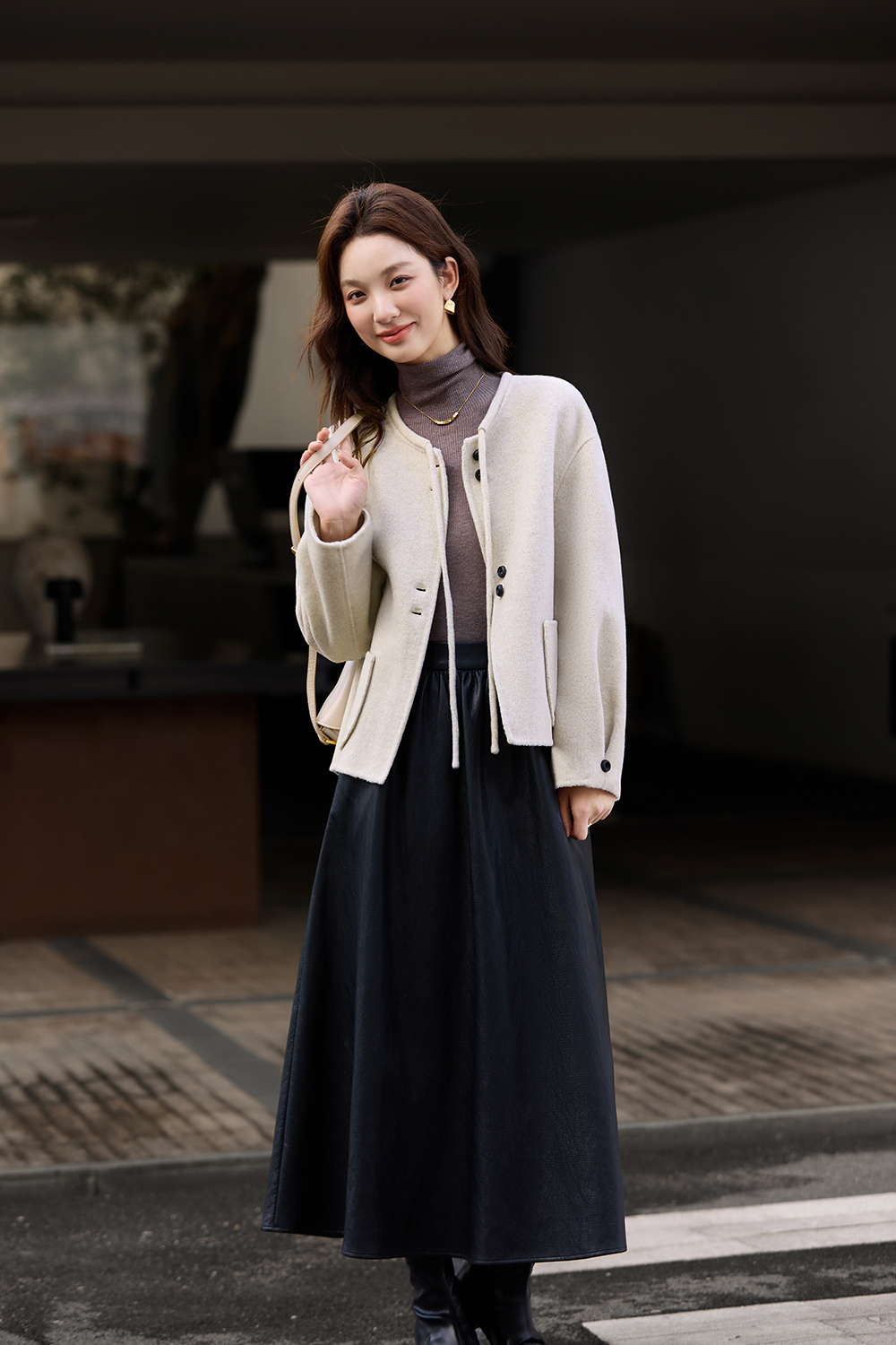 Crew neck double-sided wool coat