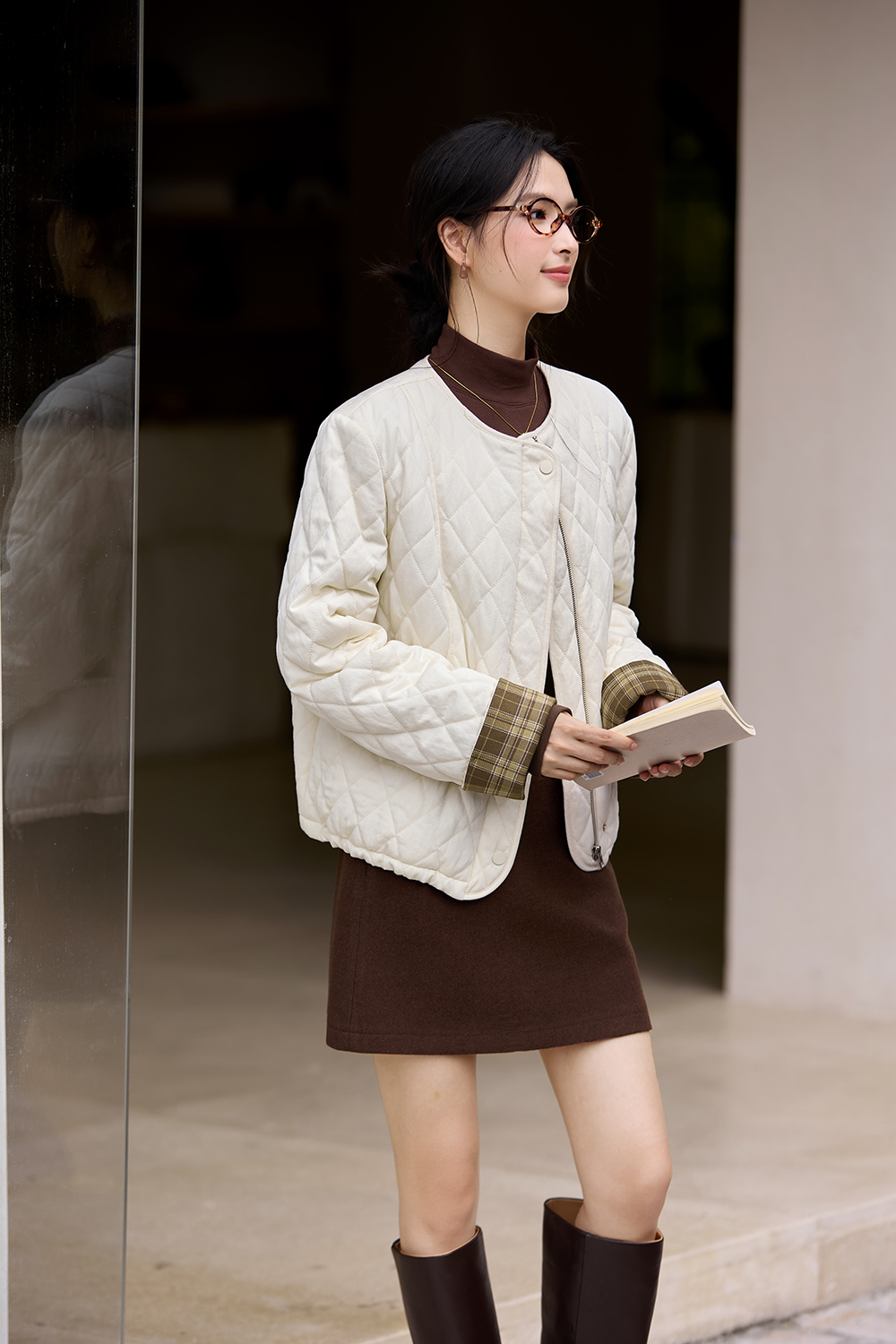 Quilted color-block short cotton-padded jacket