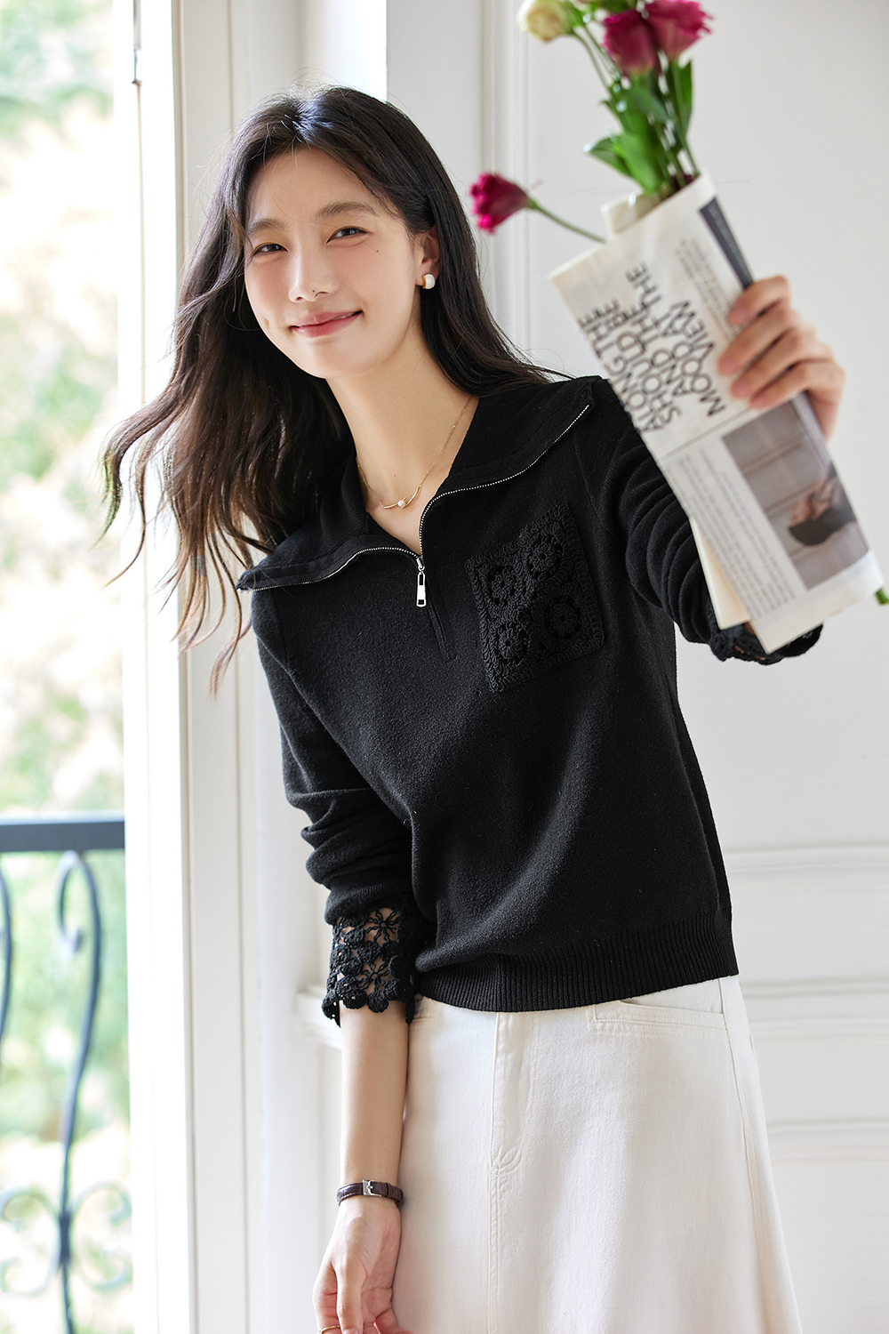 French openwork lace knit top-VIMLYSTORE