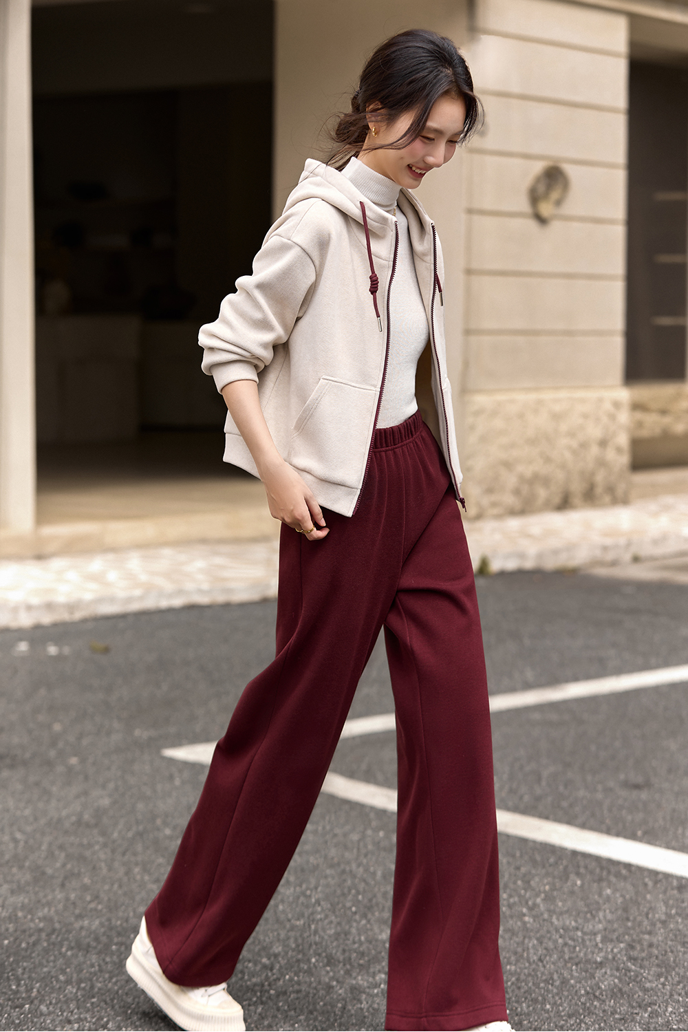 Apricot-red casual sports hoodie set