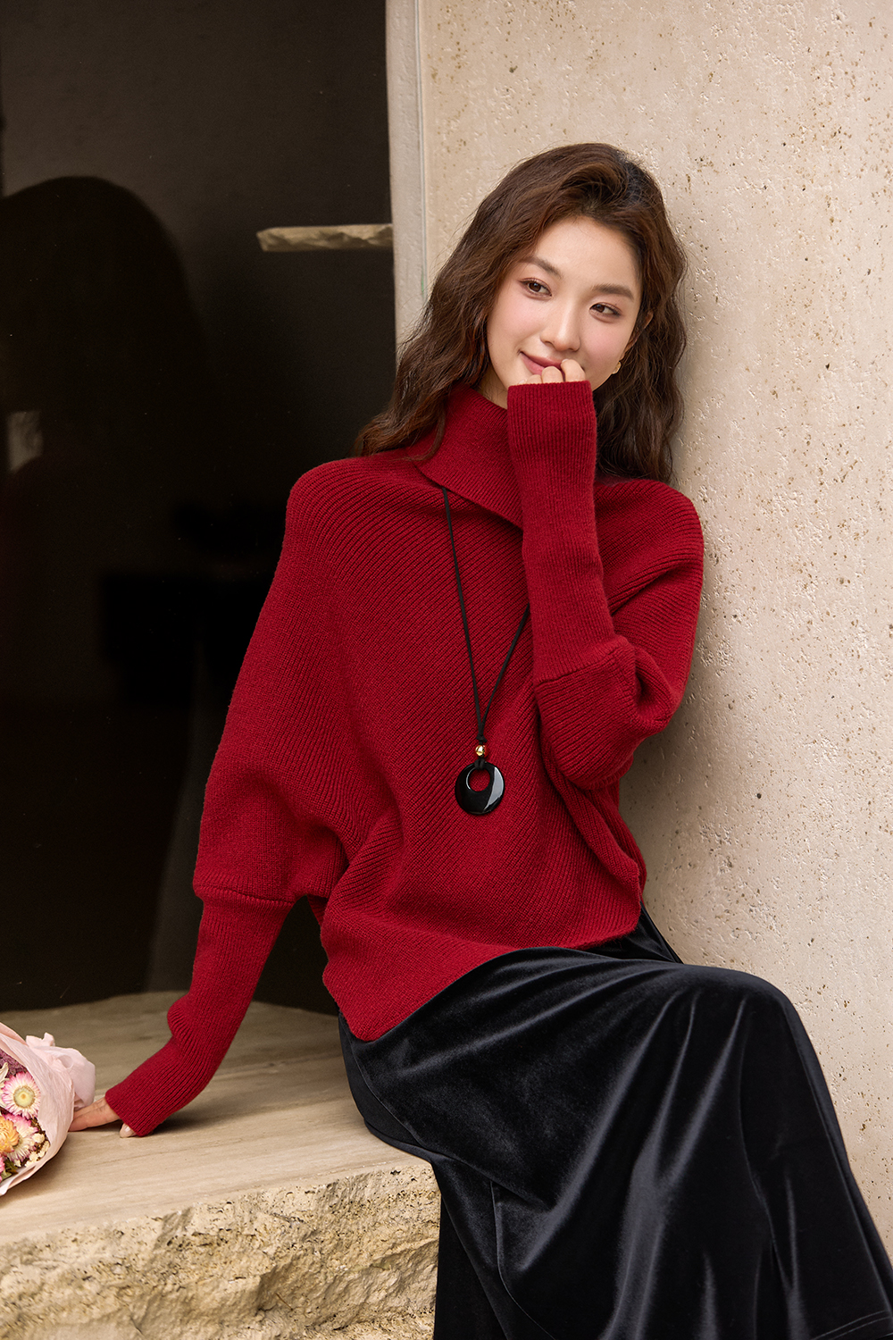 Turtleneck batwing sleeve knitted sweater