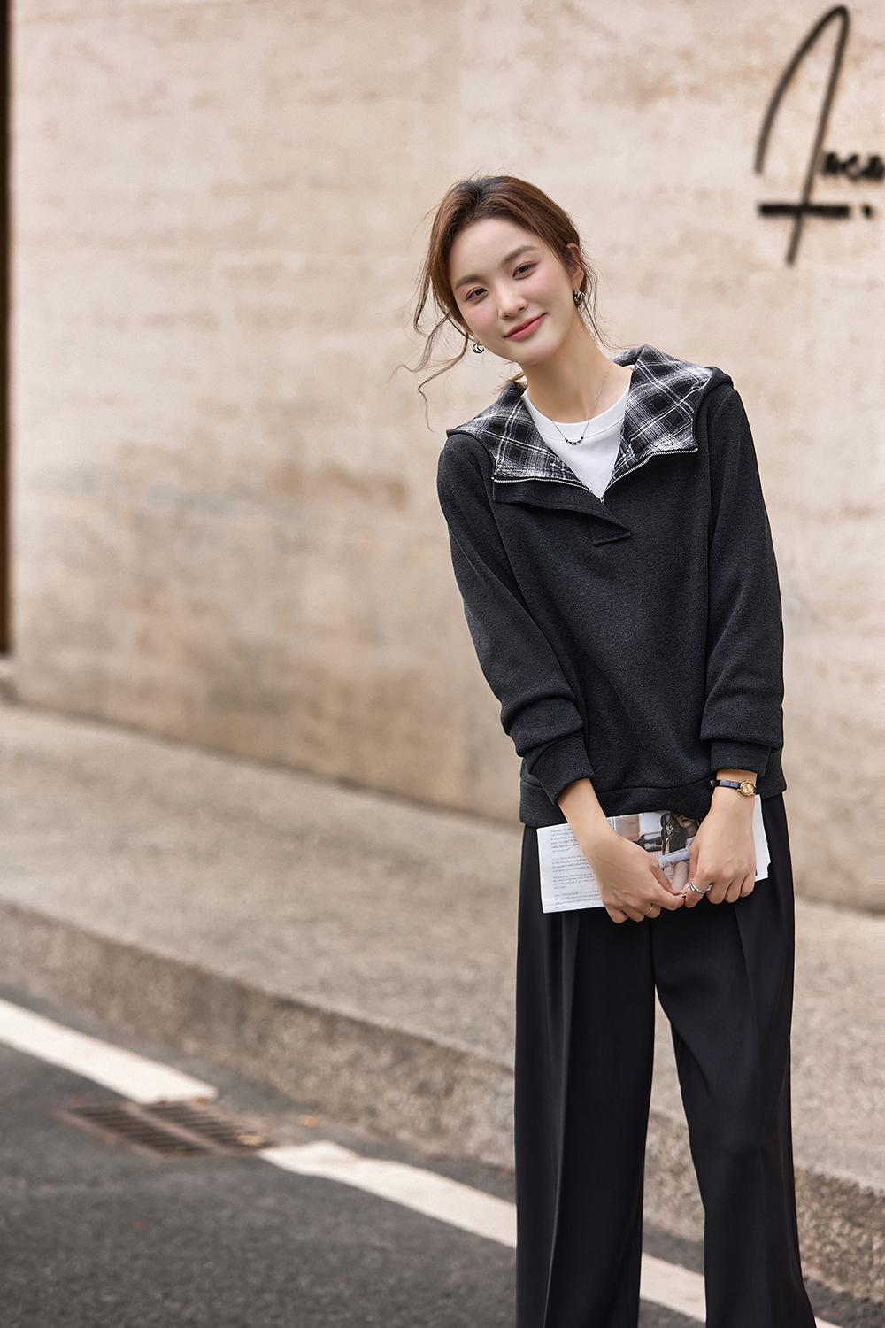 Patchwork plaid fleece-lined hoodie