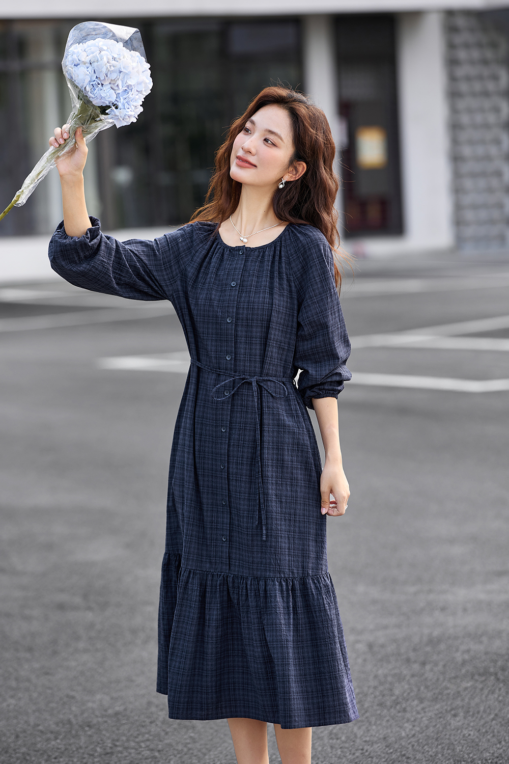 Blue Mori Check Slim Dress-VIMLYSTORE