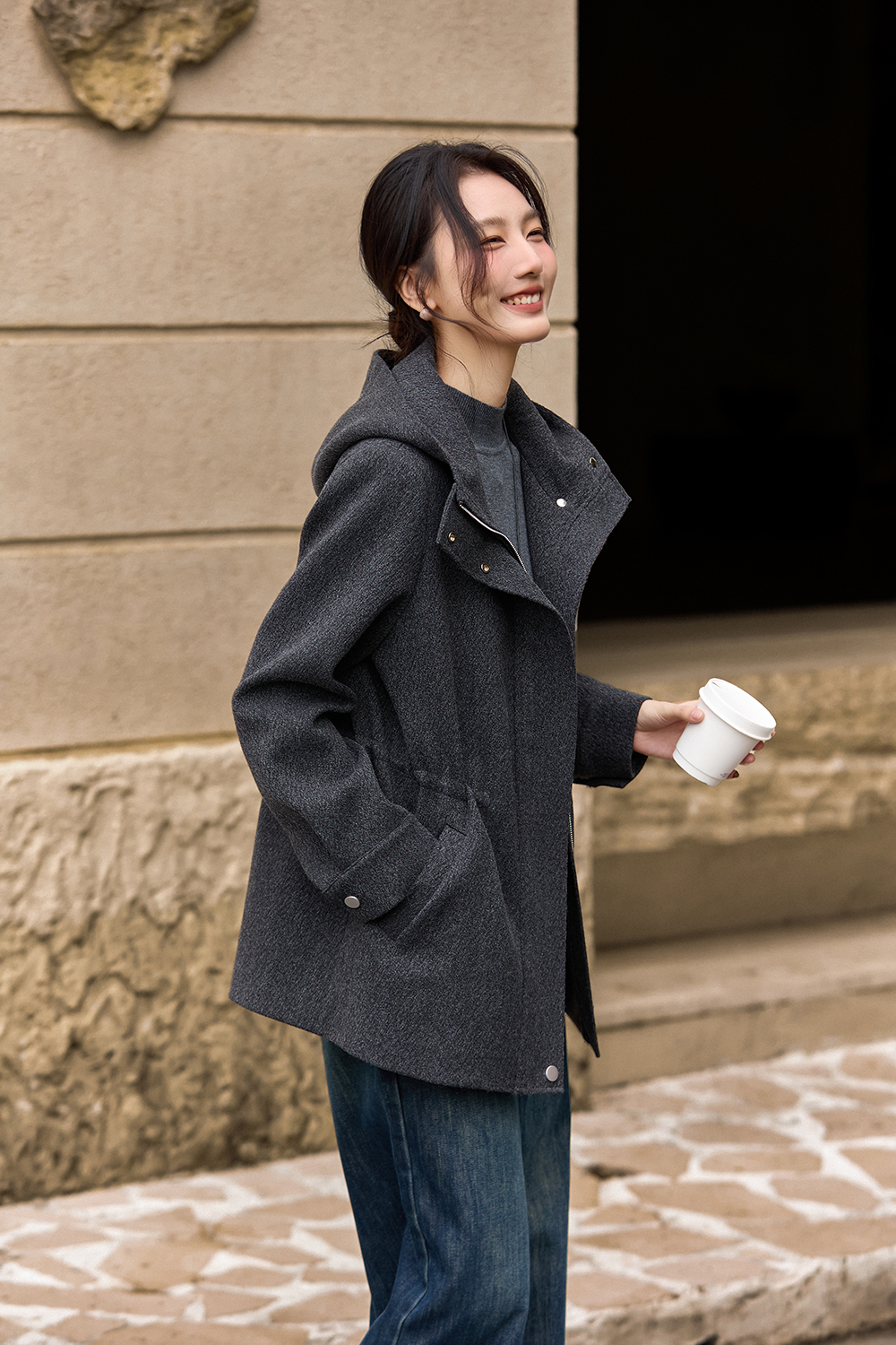 Hooded zipper wool coat