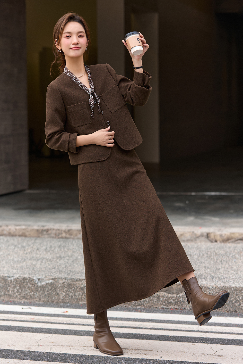 Coffee-colored wool blazer set