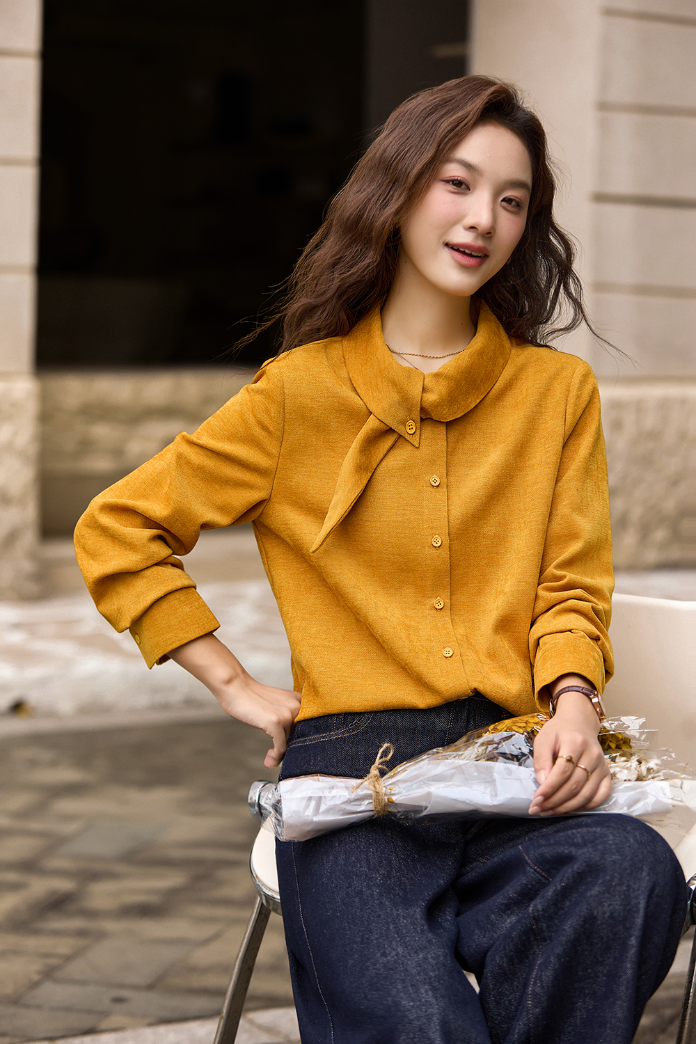 French scarf collar shirt