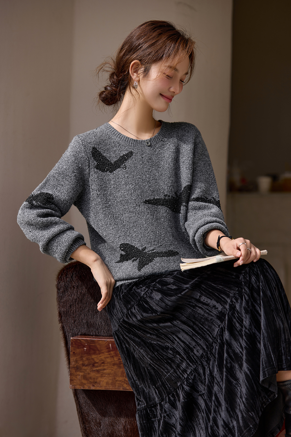 Butterfly jacquard crew neck sweater