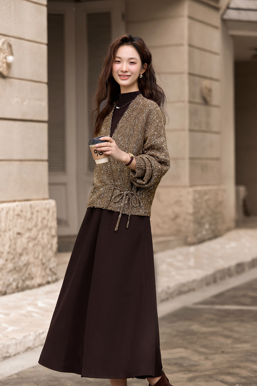 Maillard V-neck knitted sweater set