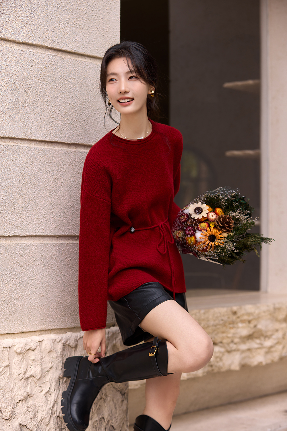 Red Slouchy Crew Neck Sweater
