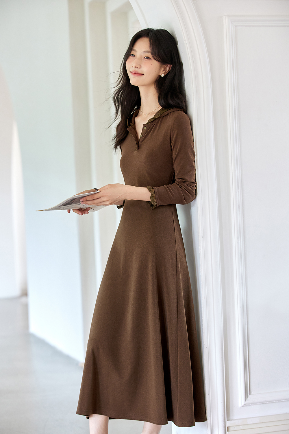 Lace-Trimmed Hooded Fit-and-Flare Dress-VIMLYSTORE