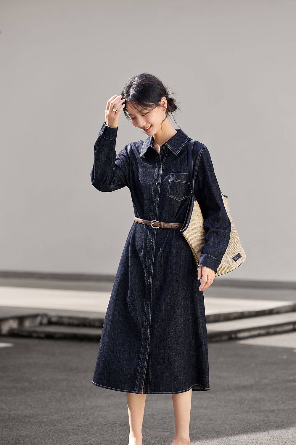Denim Shirt Dress with Contrast Topstitching-VIMLYSTORE