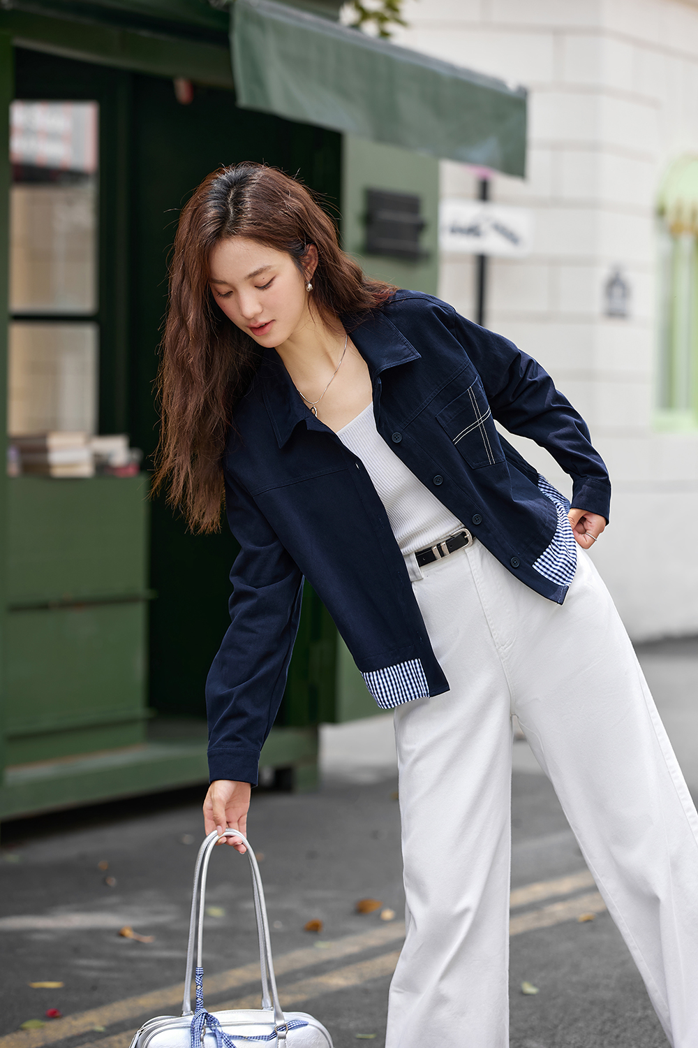 Navy & Stripe Faux Two-Layer Fashion Shirt-VIMLYSTORE