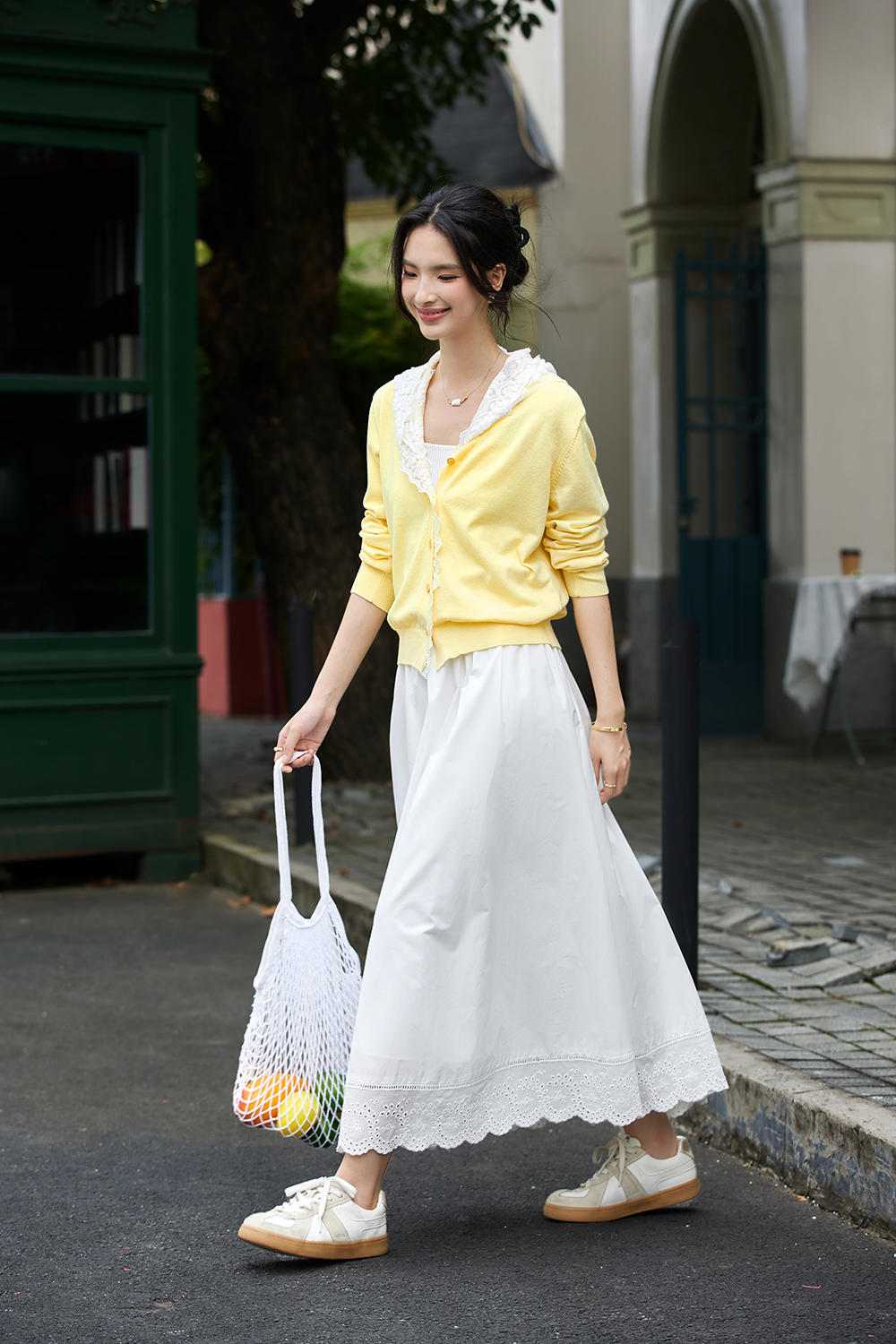 Yellow lace hooded knitted cardigan sweater coat-VIMLYSTORE