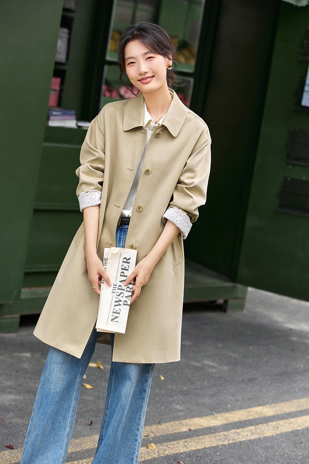 Lace-Cuff Trench Coat with Structured Silhouette-VIMLYSTORE