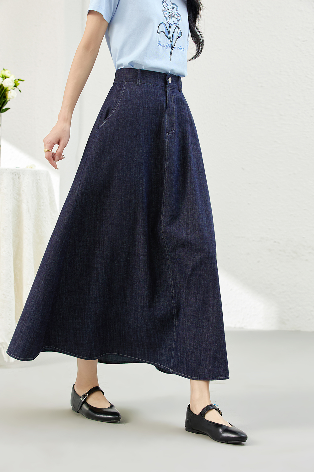 Denim A-Line Skirt with Contour Waistband-VIMLYSTORE
