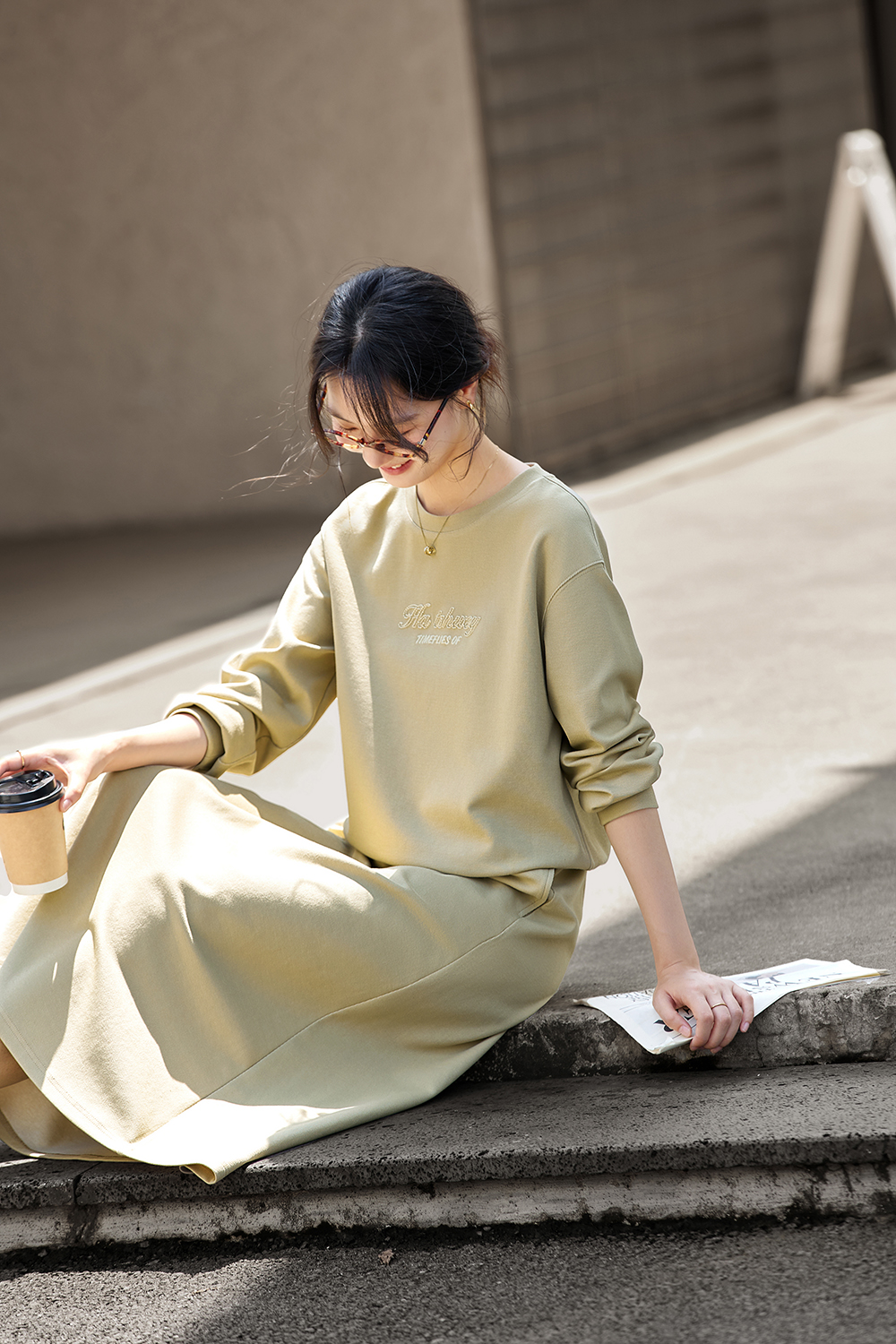 Crewneck Sweatshirt & Embroidered A-Line Skirt Set-VIMLYSTORE