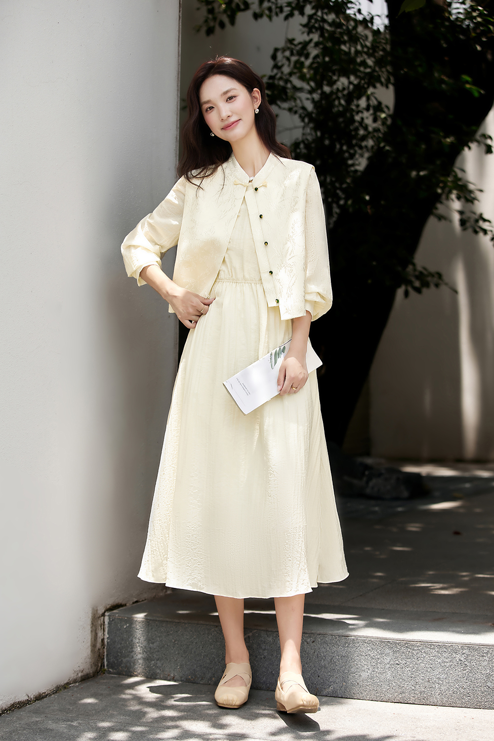 New Chinese Style Elegant Jacquard Vest and Round Neck Long Dress Two-Piece Set-VIMLYSTORE