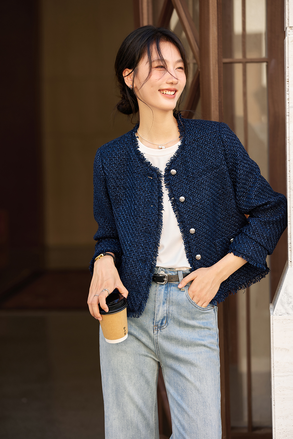 Navy Short Raw Edge Design Round Neck CN style Jacket-VIMLYSTORE