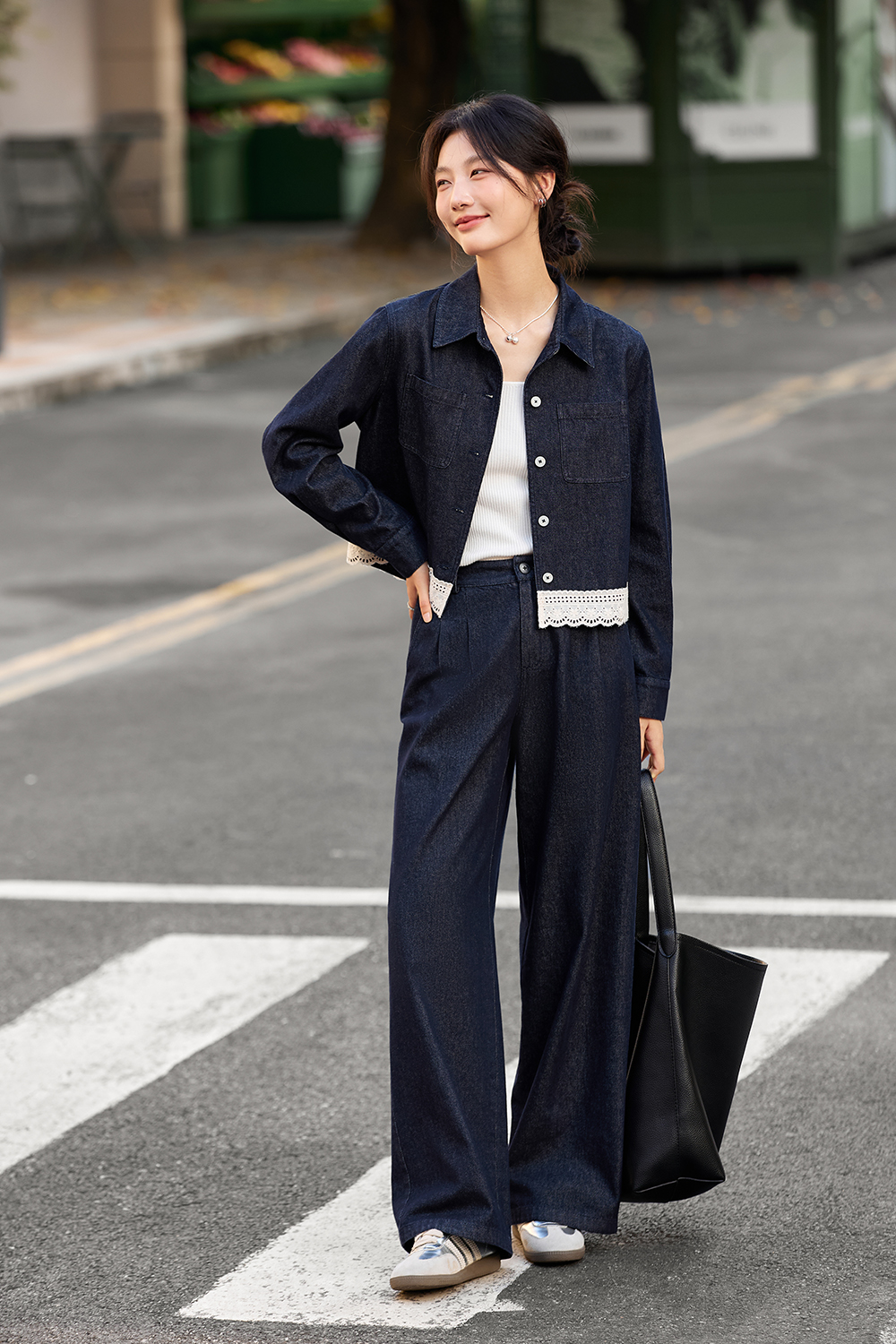 Lace Trim Lapel Jacket and Pants Denim Set-VIMLYSTORE
