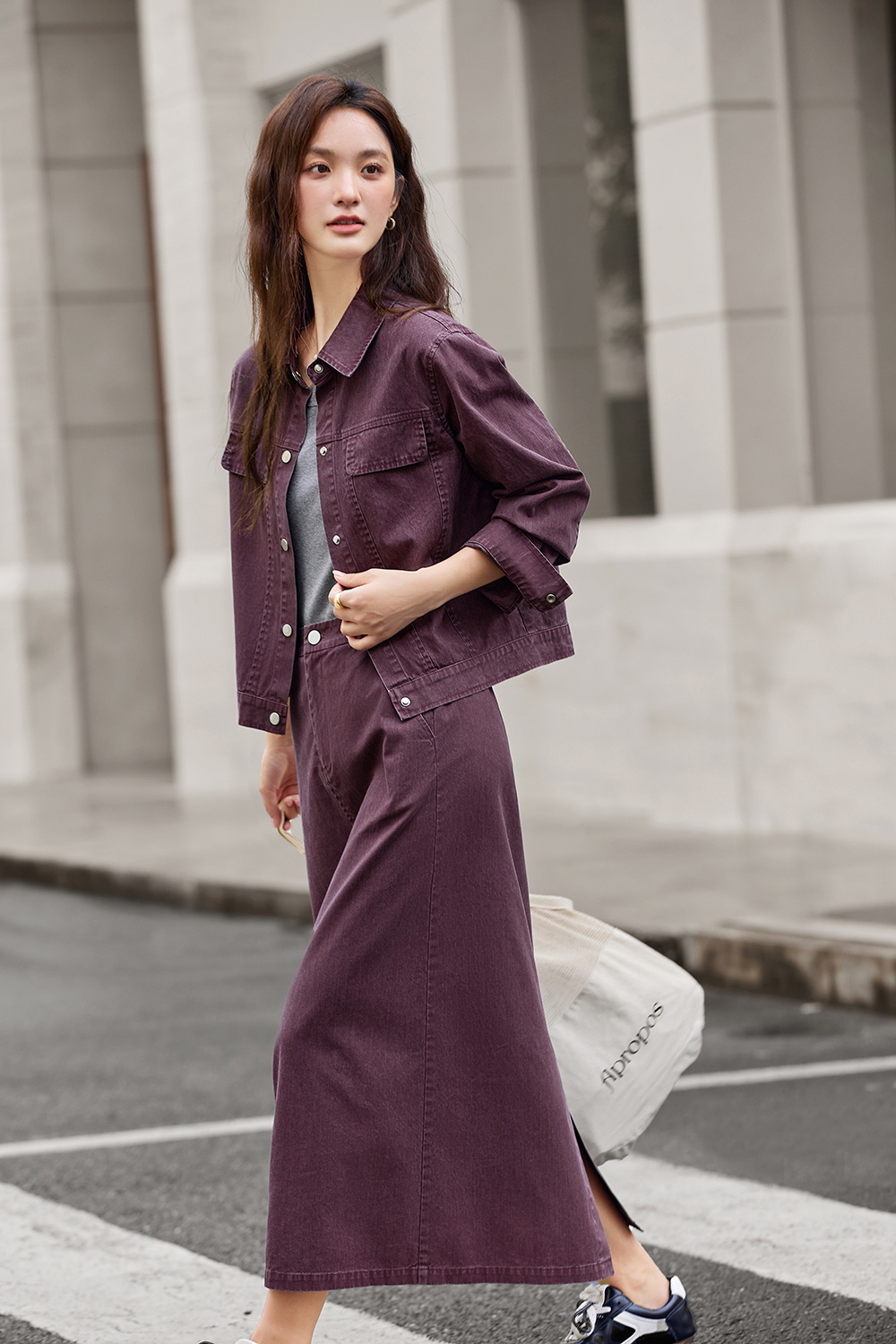 Purple Lapel Short Jacket and Skirt Denim Set-VIMLYSTORE