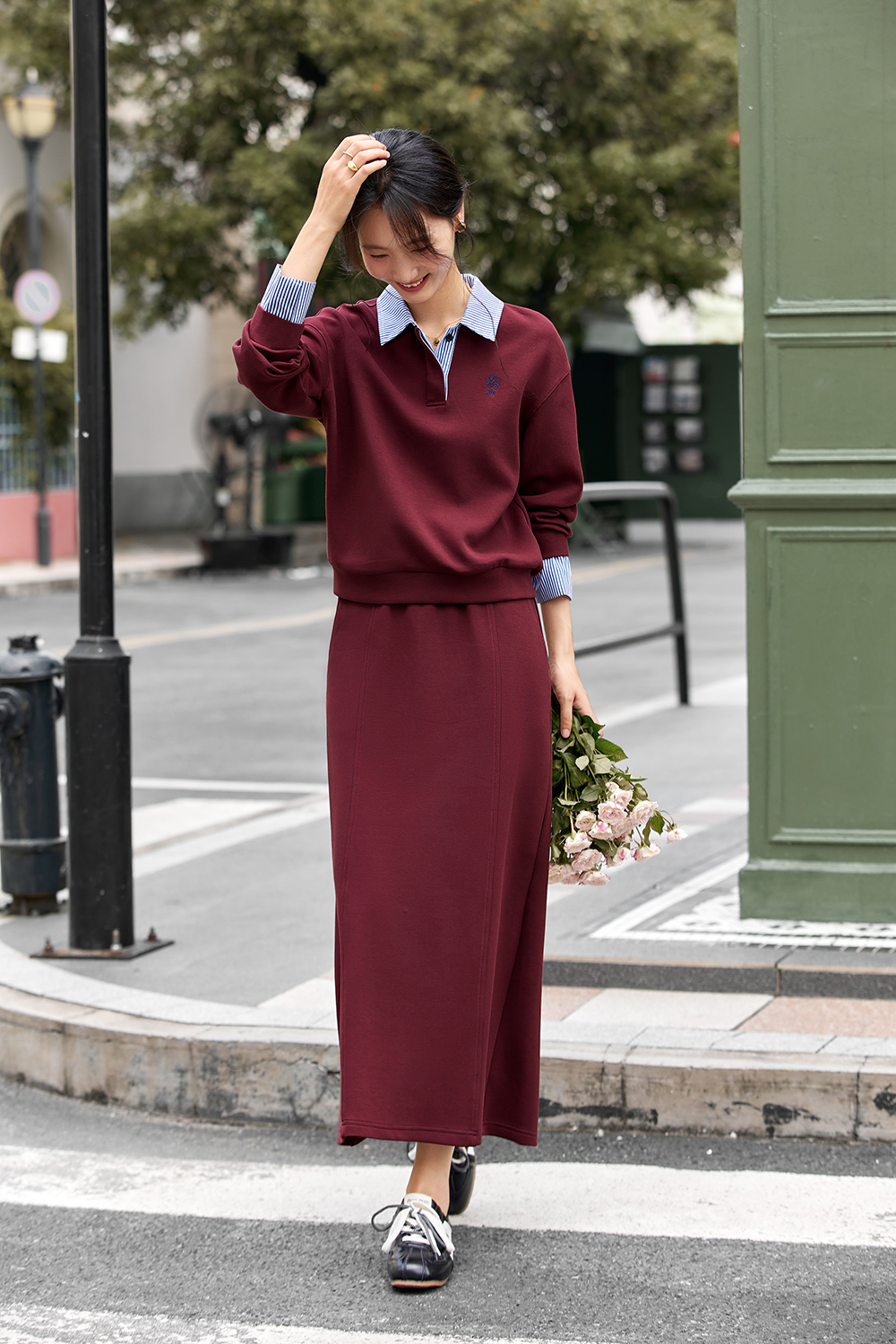 Preppy Style Lapel Color-Block Top with Slit Long Skirt Two-Piece Set-VIMLYSTORE