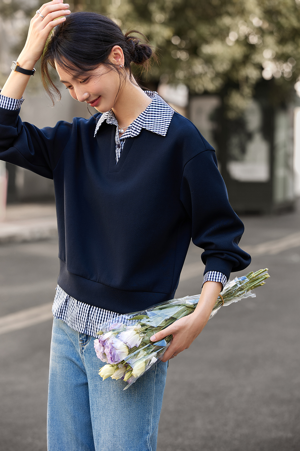 Design-Forward Slimming Preppy Style Lapel Fake Two-Piece Sweatshirt-VIMLYSTORE