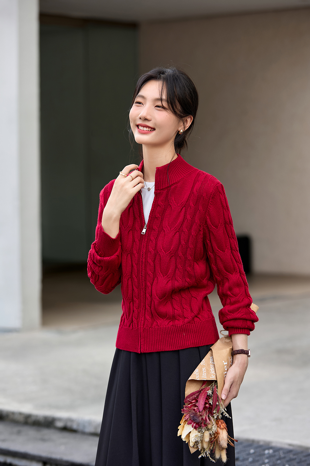 Twisted Cable Stand Neck Zipper Knit Cardigan-VIMLYSTORE