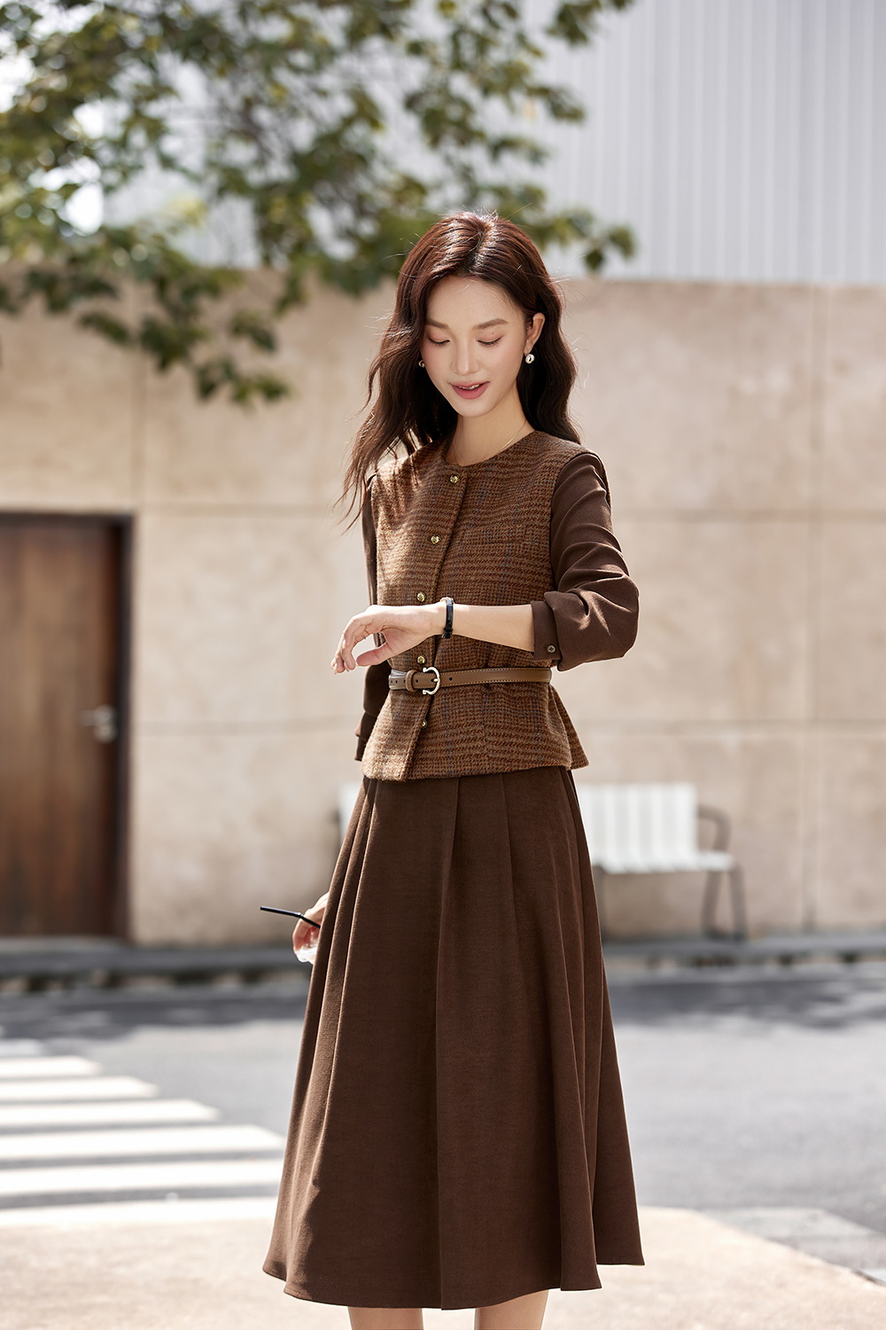 Brown Elegant Round Neck Vest with Long Dress Set-VIMLYSTORE