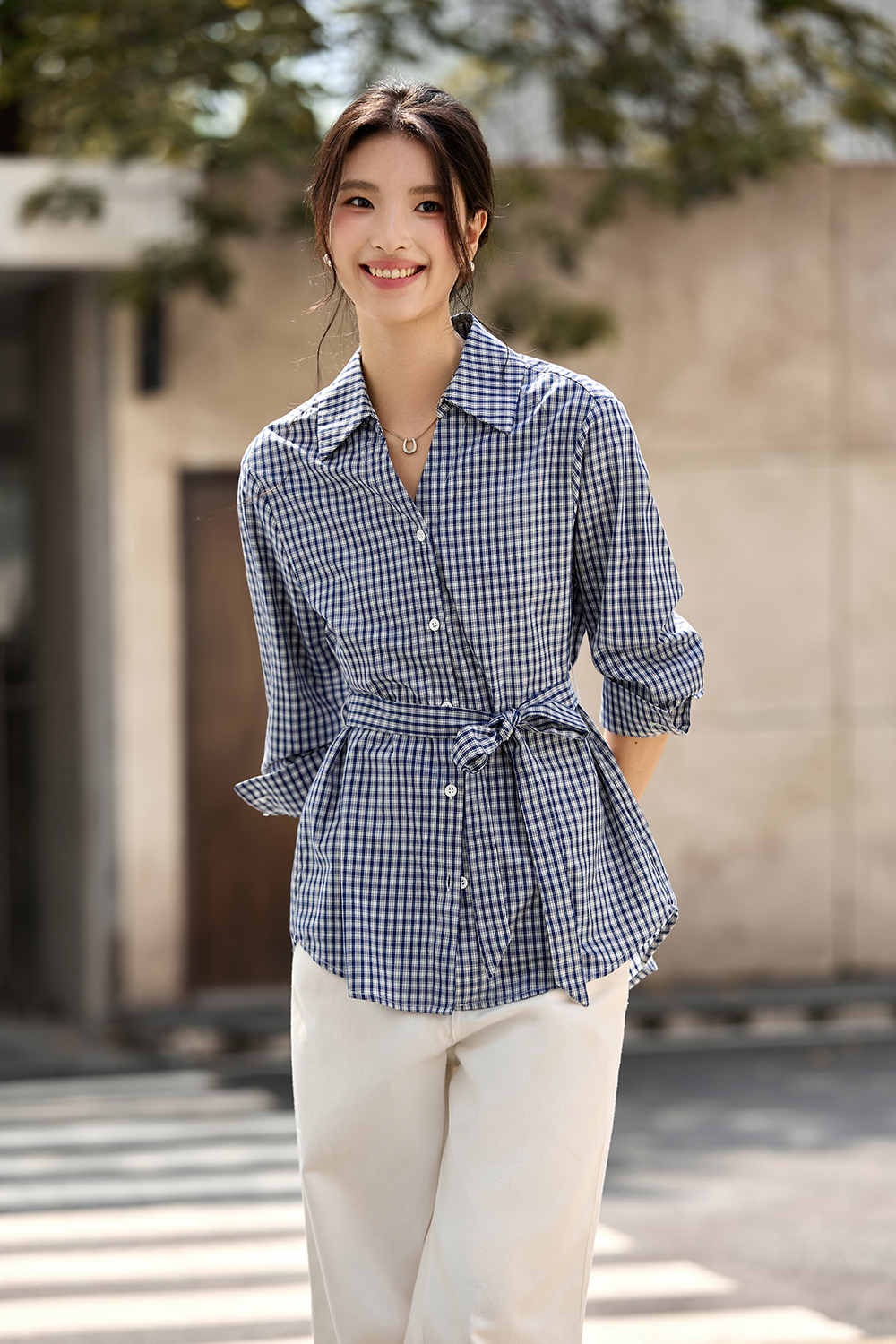 Lapel Tie-Waist Slimming Pure Cotton Long Sleeve Plaid Shirt-VIMLYSTORE