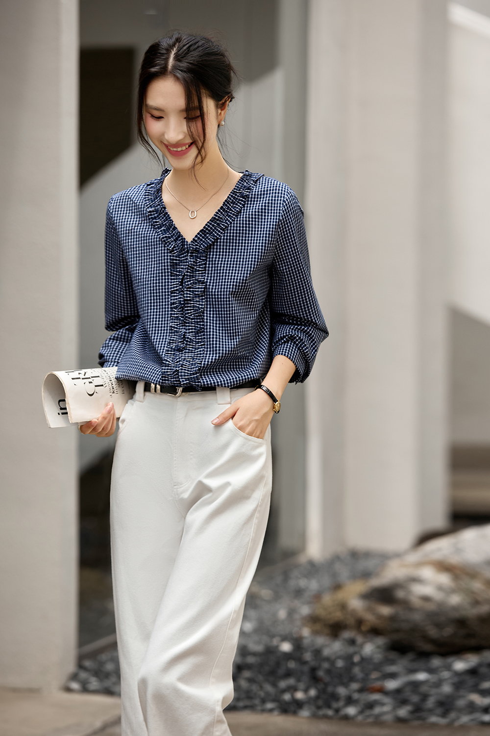 Navy Blue Ruffled Collar Pure Cotton Lapel Long Sleeve Plaid Shirt-VIMLYSTORE