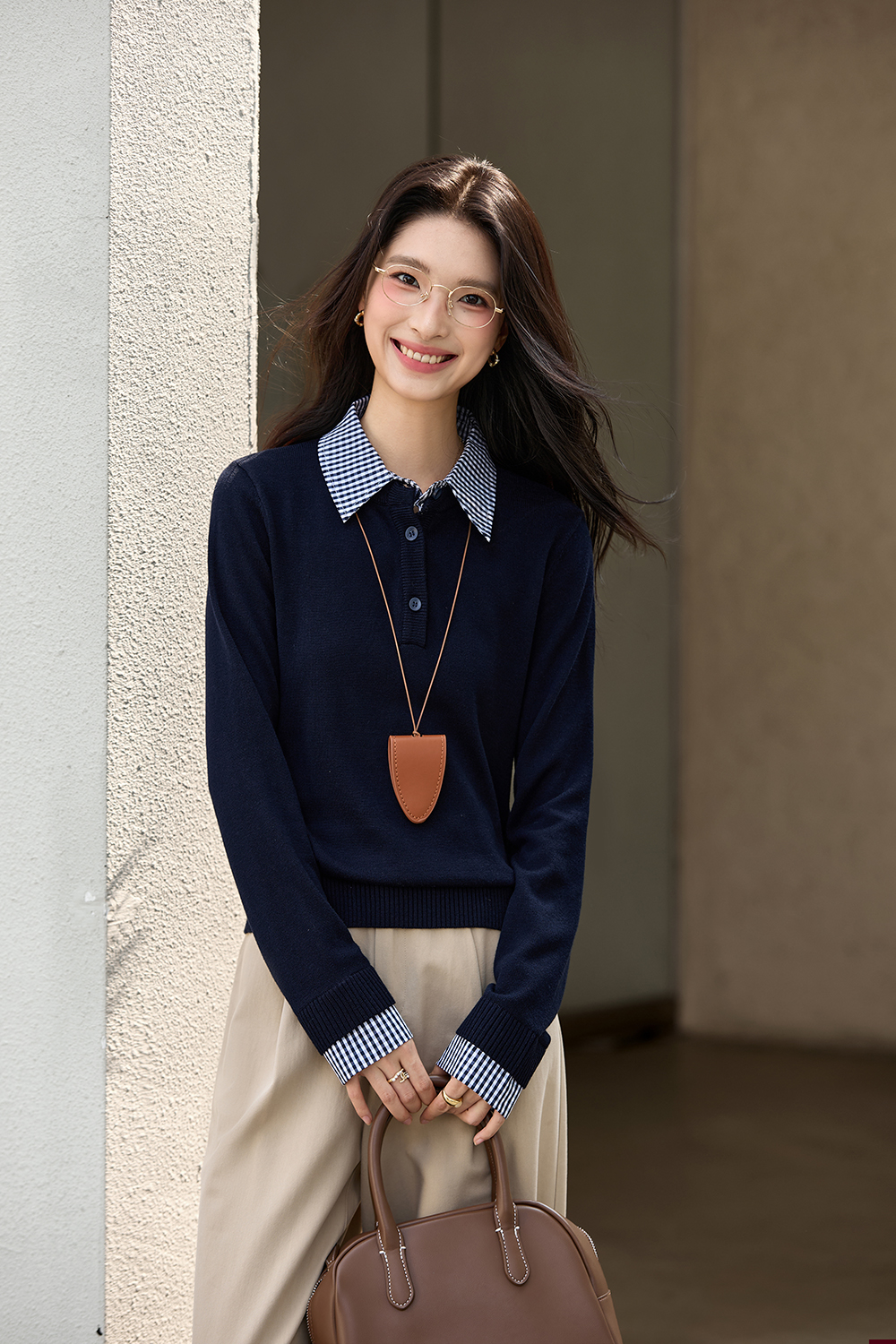 Plaid & Solid Faux Layer Wool-Blend Knit Top-VIMLYSTORE