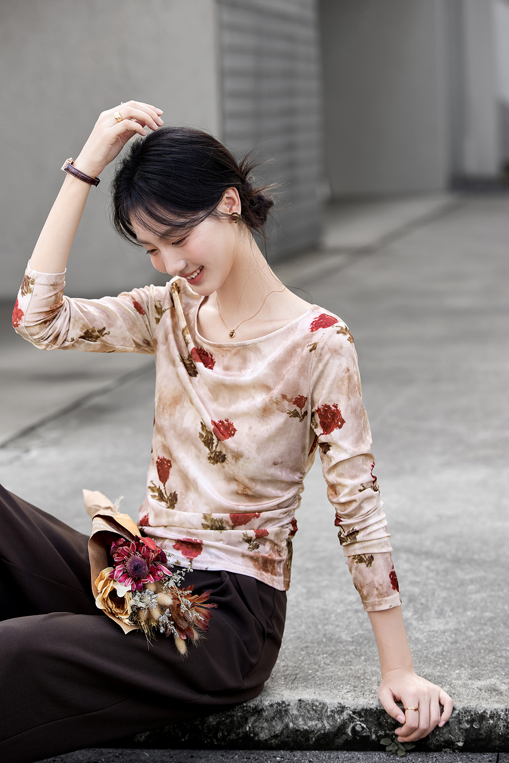 Floral Velvet Boatneck Top with Shirred Waist-VIMLYSTORE