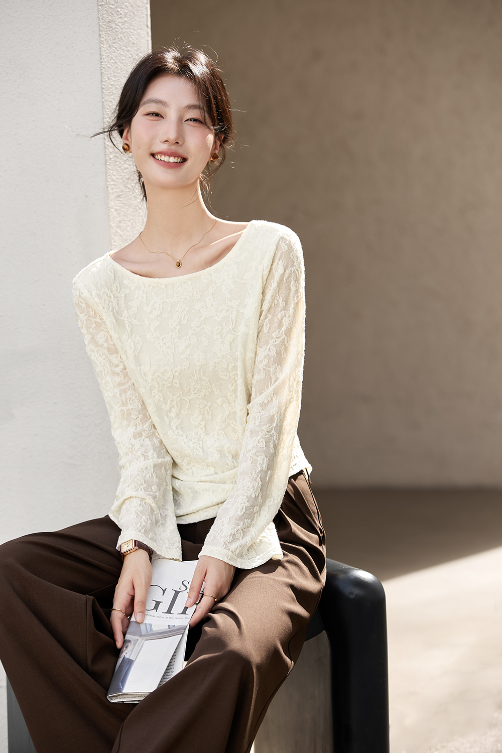 Lace-Trimmed Boatneck Top with Smocked Waist-VIMLYSTORE