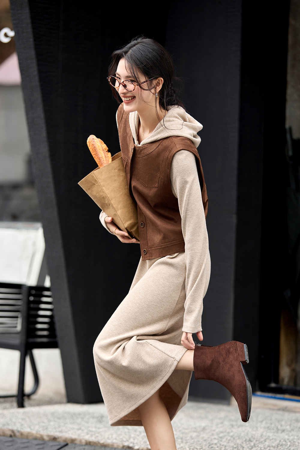 Retro Vest-style Hooded Dress Set-VIMLYSTORE