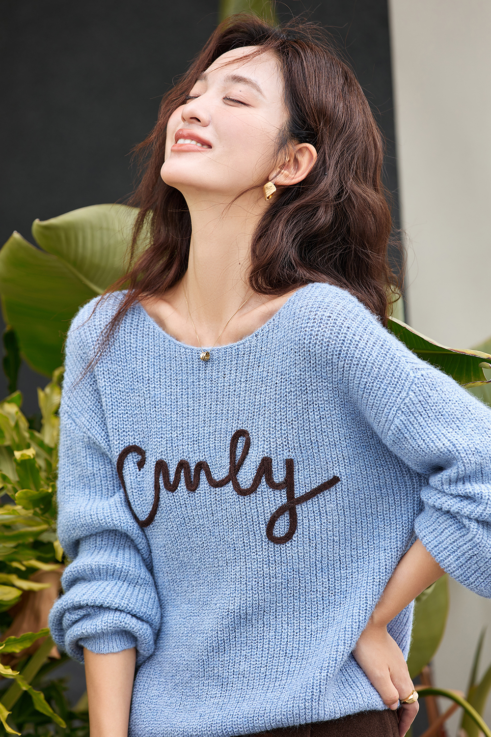 Letter Embroidered Round Neck Knit Sweater Loose Sweater-VIMLYSTORE
