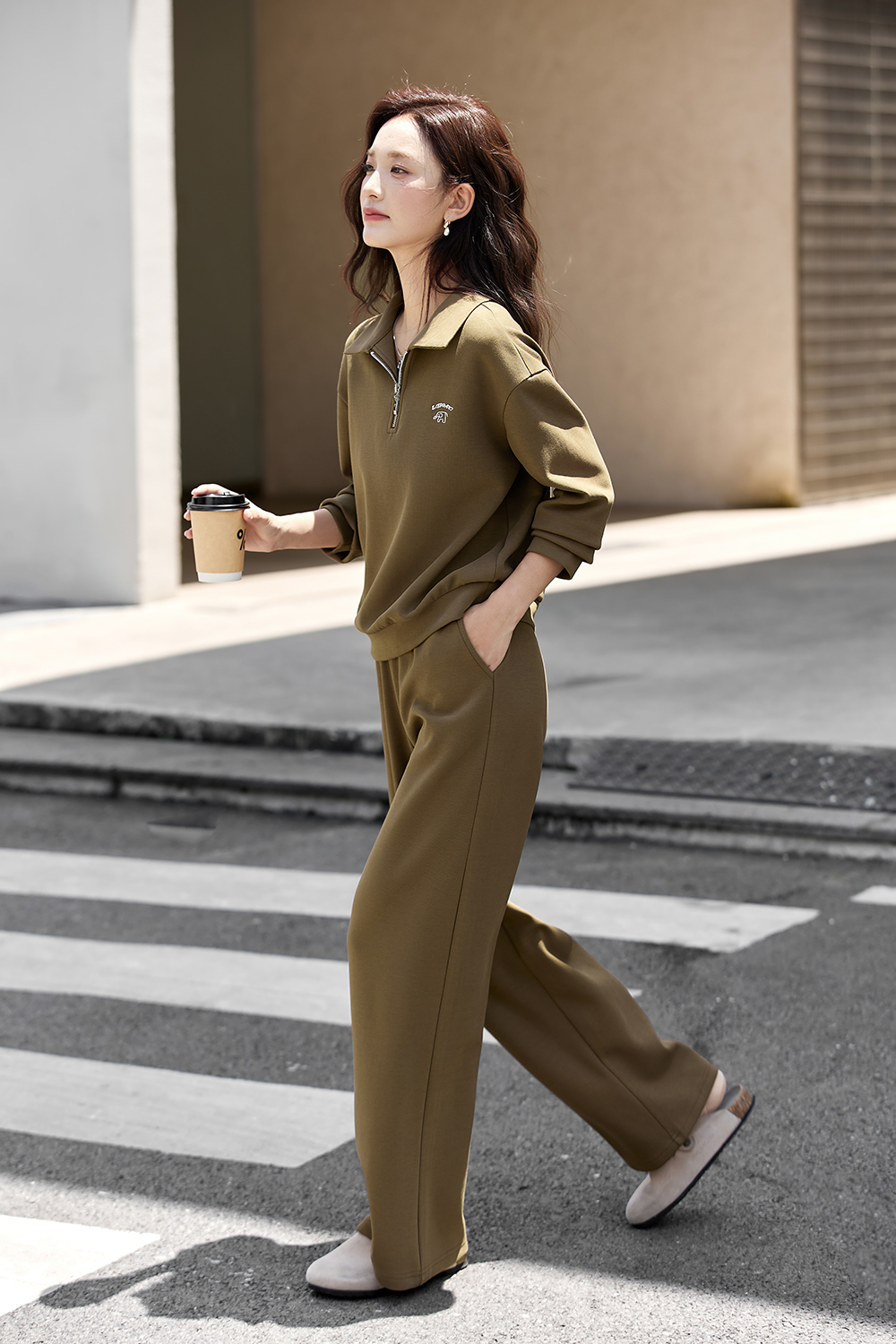 Little Elephant Embroidered Lapel Sweatshirt Wide-Leg Pants Set-VIMLYSTORE