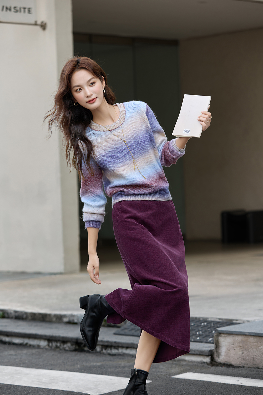 Gradient Color Round Neck Sweater Skirt Set-VIMLYSTORE