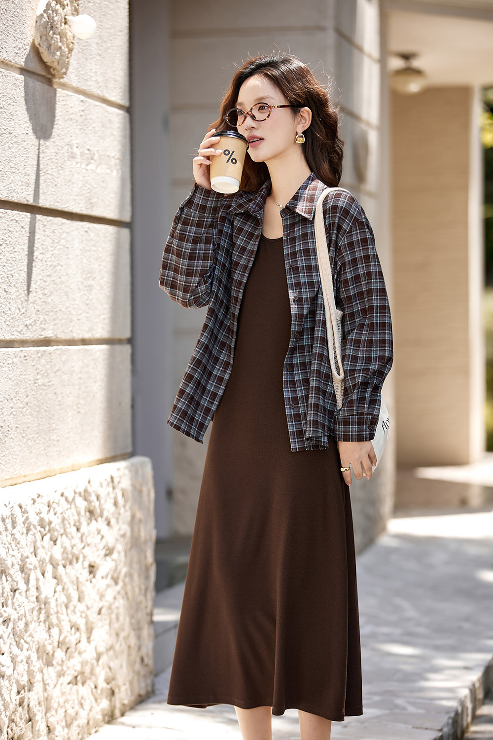 Plaid Shirt Slip Long Dress Set-VIMLYSTORE