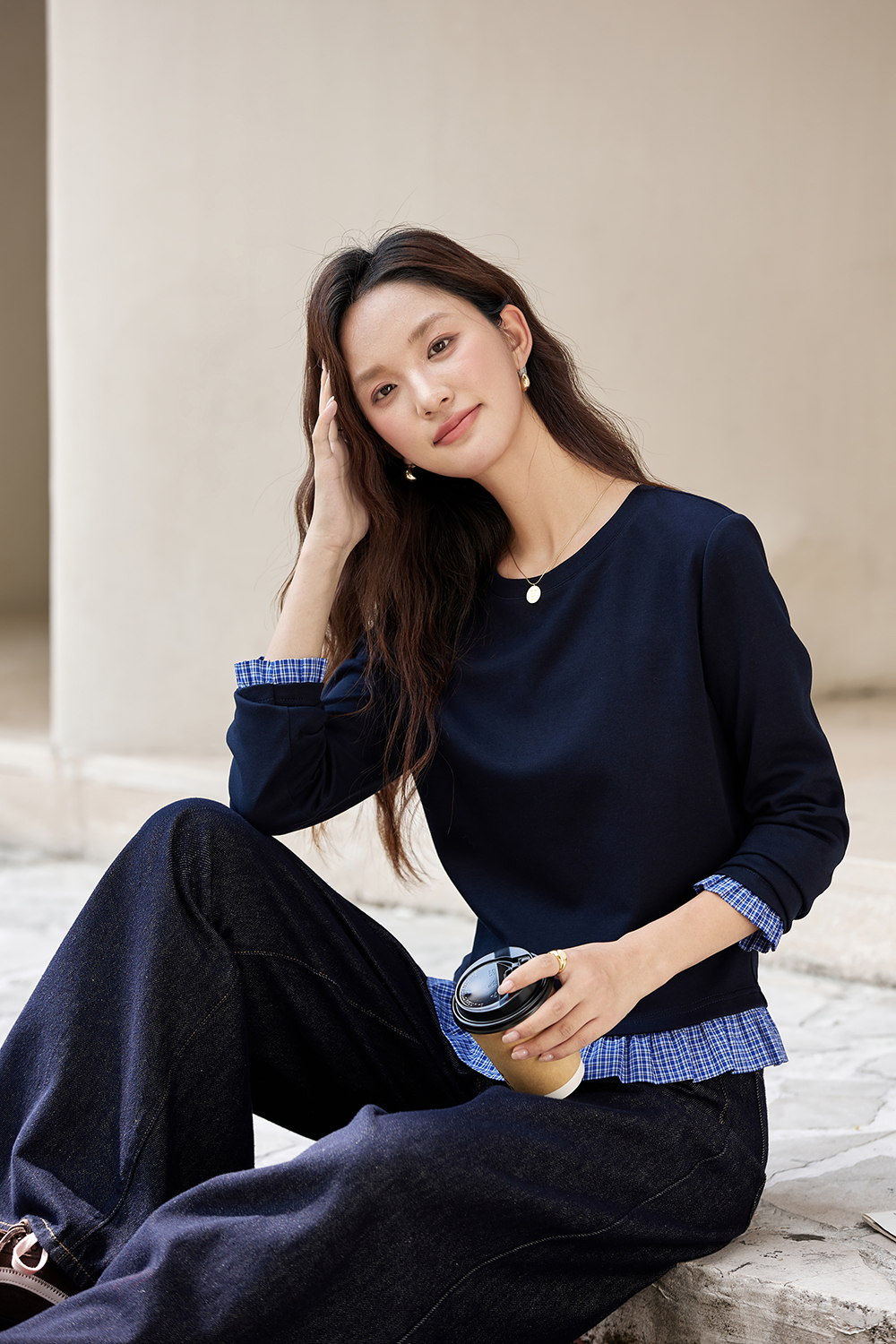 Plaid Patchwork Round Neck T-Shirt-VIMLYSTORE