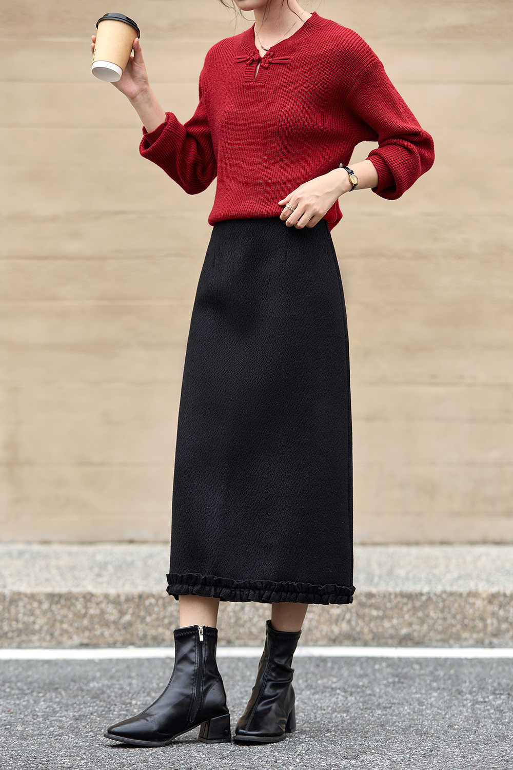 Textured Ruffle Trim Long Skirt-VIMLYSTORE